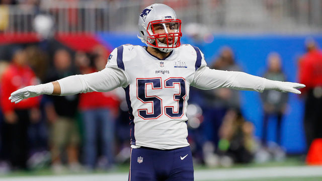 ATLANTA, GA - FEBRUARY 03: Kyle Van Noy #53 of the New England Patriots celebrates a play in the first half during Super Bowl LIII against the Los Angeles Rams at Mercedes-Benz Stadium on February 3, 2019 in Atlanta, Georgia.