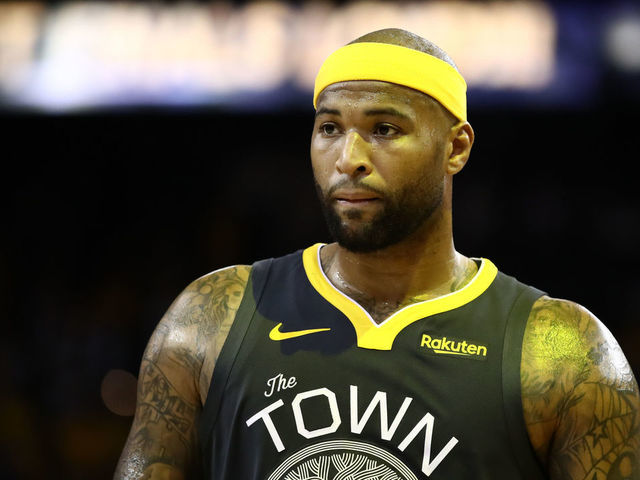 OAKLAND, CALIFORNIA - JUNE 13: DeMarcus Cousins #0 of the Golden State Warriors reacts against the Toronto Raptors in the second half during Game Six of the 2019 NBA Finals at ORACLE Arena on June 13, 2019 in Oakland, California.