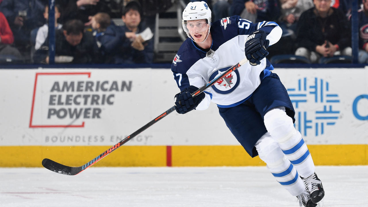 COLUMBUS, OH - MARCH 3: Tyler Myers #57 of the Winnipeg Jets skates against the Columbus Blue Jackets on March 3, 2019 at Nationwide Arena in Columbus, Ohio.