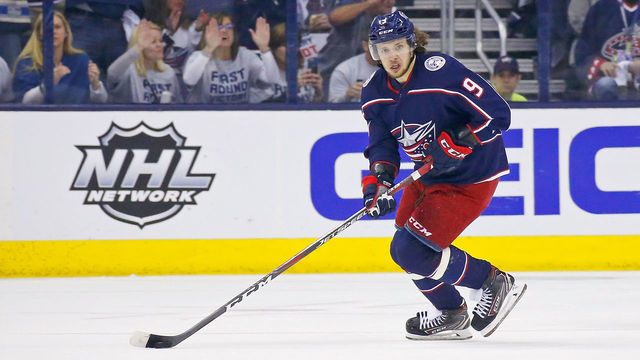 COLUMBUS, OH - APRIL 30: Artemi Panarin #9 of the Columbus Blue Jackets controls the puck while playing against the Boston Bruins in Game Three of the Eastern Conference Second Round during the 2019 NHL Stanley Cup Playoffs on April 30, 2019 at Nationwide Arena in Columbus, Ohio.