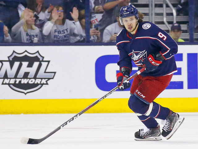 COLUMBUS, OH - APRIL 30: Artemi Panarin #9 of the Columbus Blue Jackets controls the puck while playing against the Boston Bruins in Game Three of the Eastern Conference Second Round during the 2019 NHL Stanley Cup Playoffs on April 30, 2019 at Nationwide Arena in Columbus, Ohio.
