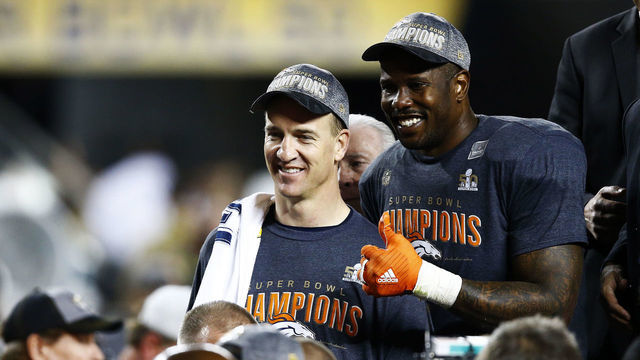 SANTA CLARA, CA - FEBRUARY 07: Peyton Manning #18 and Von Miller #58 of the Denver Broncos celebrate after defeating the Carolina Panthers during Super Bowl 50 at Levi's Stadium on February 7, 2016 in Santa Clara, California. The Broncos defeated the Panthers 24-10.