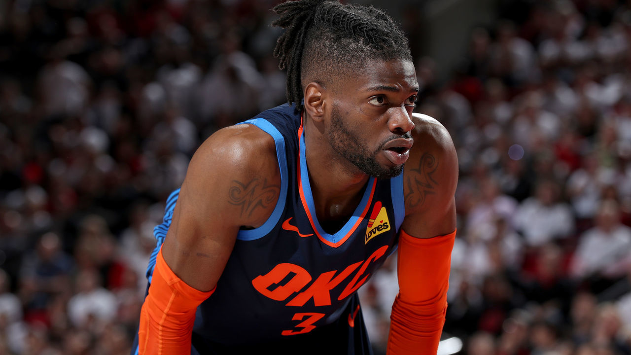 PORTLAND, OR - APRIL 23: Nerlens Noel #3 of the Oklahoma City Thunder looks on during the game against the Portland Trail Blazers during Game Five of Round One of the 2019 NBA Playoffs on April 23, 2019 at the Moda Center in Portland, Oregon. Mandatory Copyright Notice: Copyright 2019 NBAE