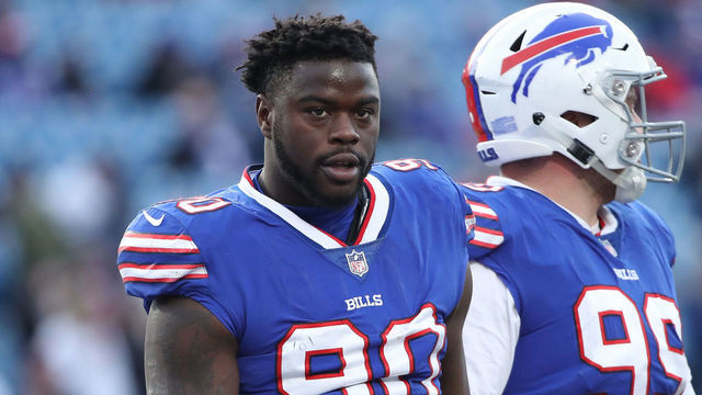 BUFFALO, NY - NOVEMBER 04: Shaq Lawson #90 of the Buffalo Bills gets ready before the next play during NFL game action against the Chicago Bears at New Era Field on November 4, 2018 in Buffalo, New York.