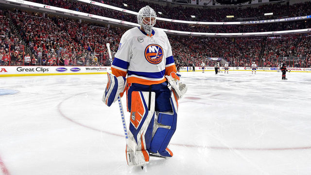 RALEIGH, NORTH CAROLINA - MAY 03: Robin Lehner #40 of the New York Islanders leaves the ice after being pulled from the game in the second period of Game Four of the Eastern Conference Second Round against the Carolina Hurricanes during the 2019 NHL Stanley Cup Playoffs at PNC Arena on May 03, 2019 in Raleigh, North Carolina.