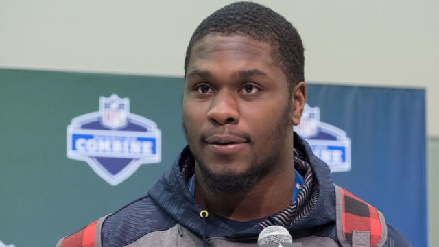 INDIANAPOLIS, IN - MARCH 04: Michigan State defensive end Malik McDowell answers questions from members of the media during the NFL Scouting Combine on March 4, 2017 at Lucas Oil Stadium in Indianapolis, IN.