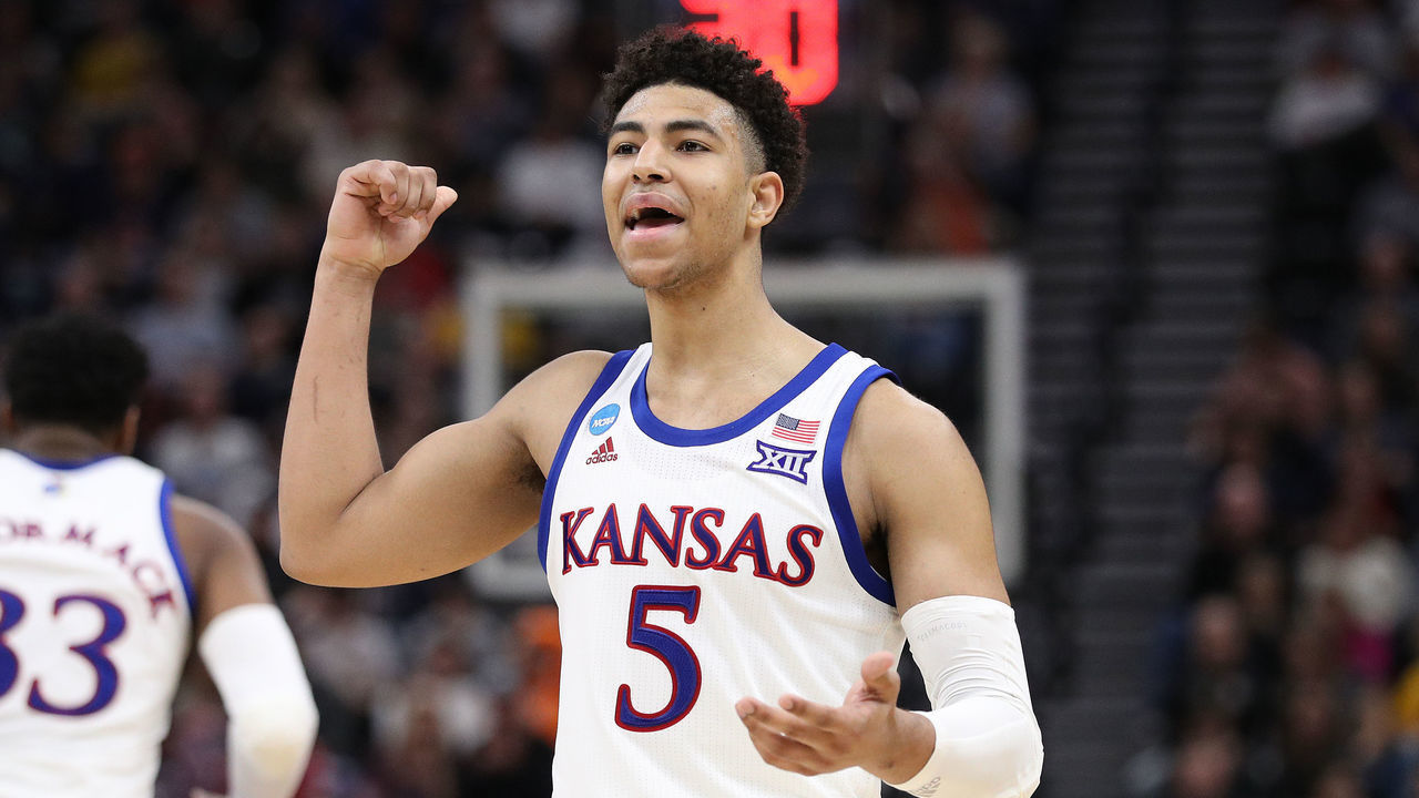 SALT LAKE CITY, UTAH - MARCH 23: Quentin Grimes #5 of the Kansas Jayhawks reacts to a play against the Auburn Tigers during their game in the Second Round of the NCAA Basketball Tournament at Vivint Smart Home Arena on March 23, 2019 in Salt Lake City, Utah.