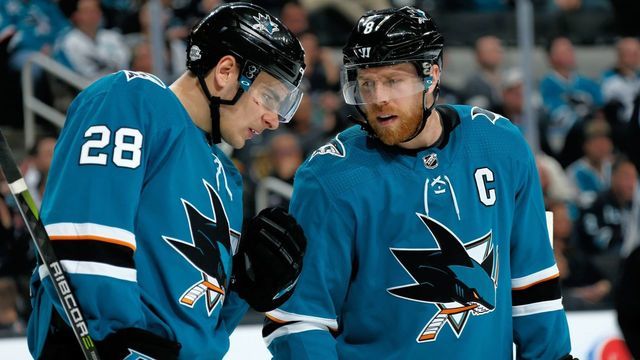 SAN JOSE, CA - FEBRUARY 8: Timo Meier #28 and Joe Pavelski #8 of the San Jose Sharks talk during a NHL game against the Vegas Golden Knights at SAP Center on February 8, 2018 in San Jose, California.