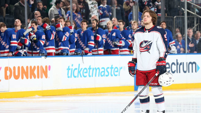 NEW YORK, NY - APRIL 05: Artemi Panarin #9 of the Columbus Blue Jackets looks on during the national anthem prior to the game against the New York Rangers at Madison Square Garden on April 5, 2019 in New York City.