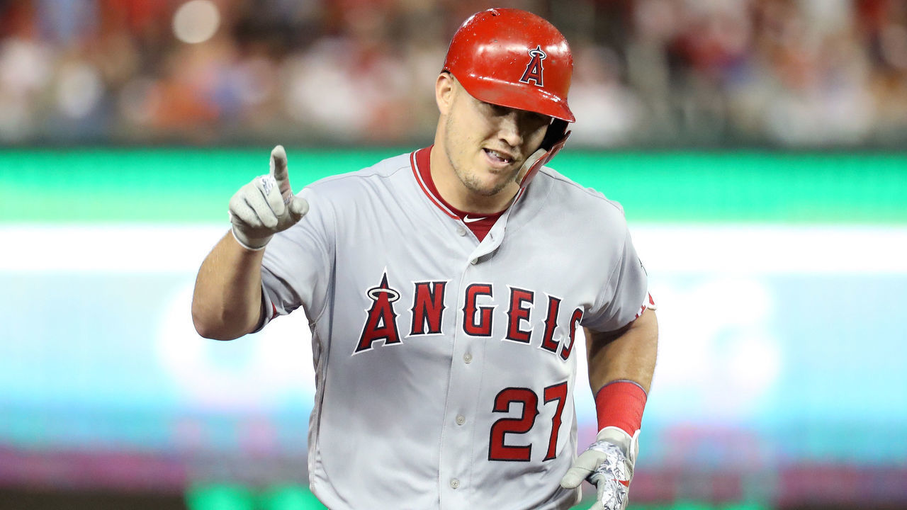 WASHINGTON, DC - JULY 17: Mike Trout #27 of the Los Angeles Angels of Anaheim and the American League celebrates after hitting a solo home run in the third inning against the National League during the 89th MLB All-Star Game, presented by Mastercard at Nationals Park on July 17, 2018 in Washington, DC.