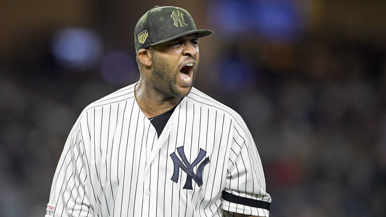 NEW YORK, NEW YORK - MAY 17: CC Sabathia #52 of the New York Yankees reacts against the Tampa Bay Rays at Yankee Stadium on May 17, 2019 in New York City.
