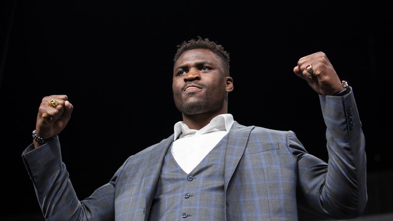 ATLANTA, GA - APRIL 12: Francis Ngannou of Cameroon poses during the UFC Seasonal Press Conference at State Farm Arena on April 12, 2019 in Atlanta, Georgia.