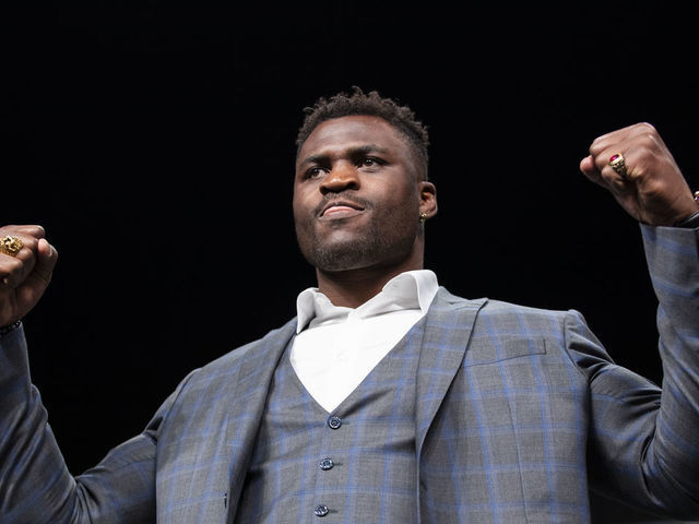 ATLANTA, GA - APRIL 12: Francis Ngannou of Cameroon poses during the UFC Seasonal Press Conference at State Farm Arena on April 12, 2019 in Atlanta, Georgia.