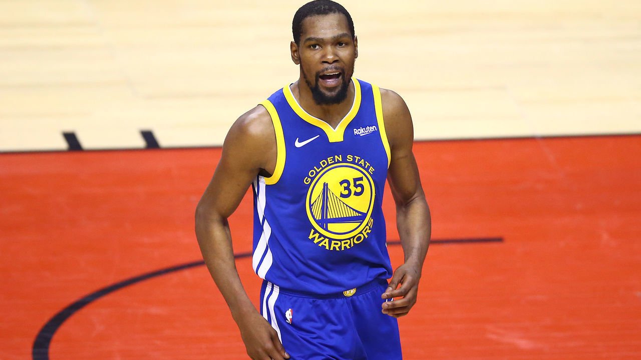 TORONTO, ONTARIO - JUNE 10: Kevin Durant #35 of the Golden State Warriors reacts against the Toronto Raptors in the first half during Game Five of the 2019 NBA Finals at Scotiabank Arena on June 10, 2019 in Toronto, Canada.