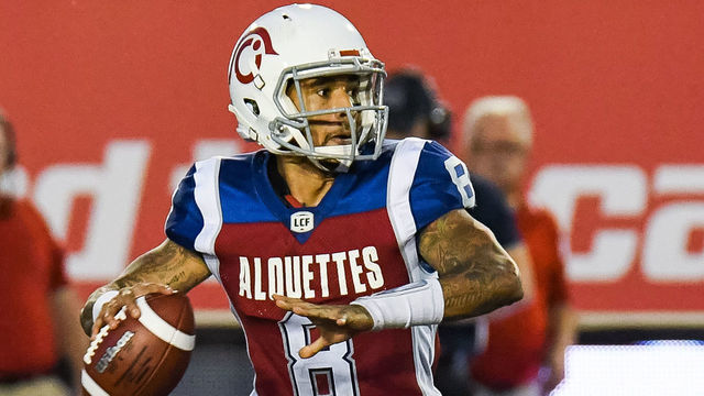 MONTREAL, QC - JULY 26: Montreal Alouettes Quarterback Vernon Adams Jr. (8) gets ready to pass the ball during the Edmonton Eskimos versus the Montreal Alouettes game on July 26, 2018, at Percival Molson Memorial Stadium in Montreal, QC