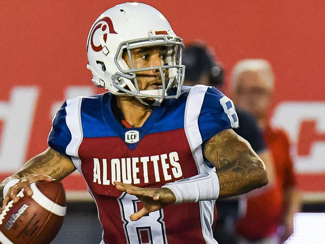MONTREAL, QC - JULY 26: Montreal Alouettes Quarterback Vernon Adams Jr. (8) gets ready to pass the ball during the Edmonton Eskimos versus the Montreal Alouettes game on July 26, 2018, at Percival Molson Memorial Stadium in Montreal, QC