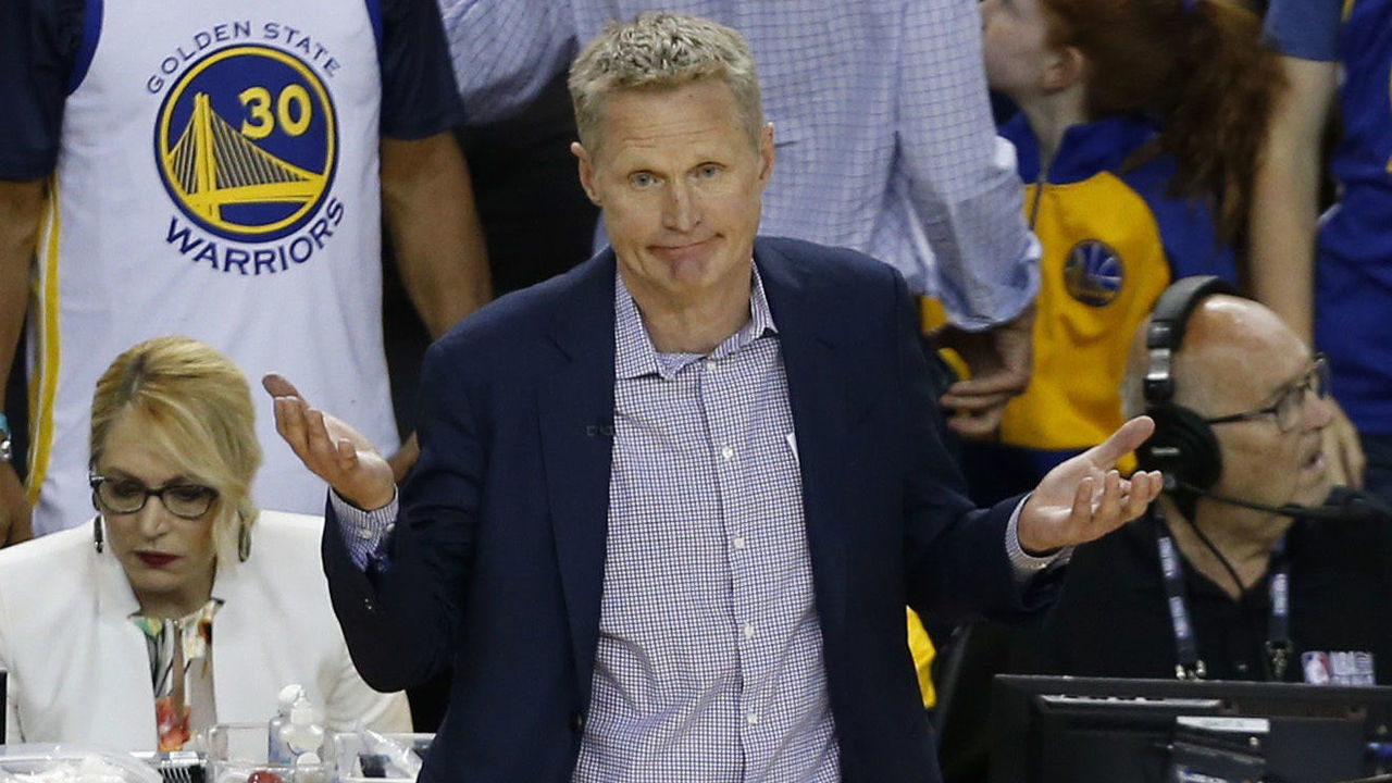 OAKLAND, CALIFORNIA - JUNE 13: Head coach Steve Kerr of the Golden State Warriors reacts against the Toronto Raptors in the second half during Game Six of the 2019 NBA Finals at ORACLE Arena on June 13, 2019 in Oakland, California.