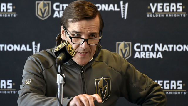 LAS VEGAS, NEVADA - MAY 02: Vegas Golden Knights President of Hockey Operations George McPhee speaks at a news conference announcing Kelly McCrimmon's promotion to general manager at City National Arena on May 02, 2019 in Las Vegas, Nevada.