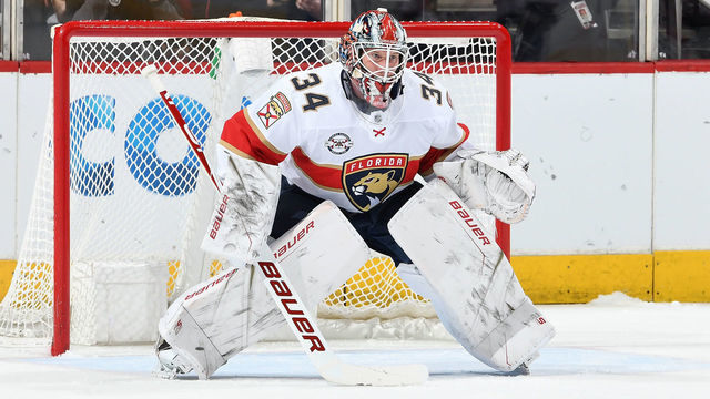 GLENDALE, AZ - FEBRUARY 26: James Reimer #34 of the Florida Panthers gets ready to make a save against the Arizona Coyotes at Gila River Arena on February 26, 2019 in Glendale, Arizona.