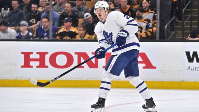 BOSTON, MA - APRIL 13: Toronto Maple Leafs right wing Kasperi Kapanen (24) passes the puck across ice to an open teammate. During Game 2 in the First round of the Stanley Cup playoffs featuring the Toronto Maple Leafs against the Boston Bruins on April 13, 2019 at TD Garden in Boston, MA.