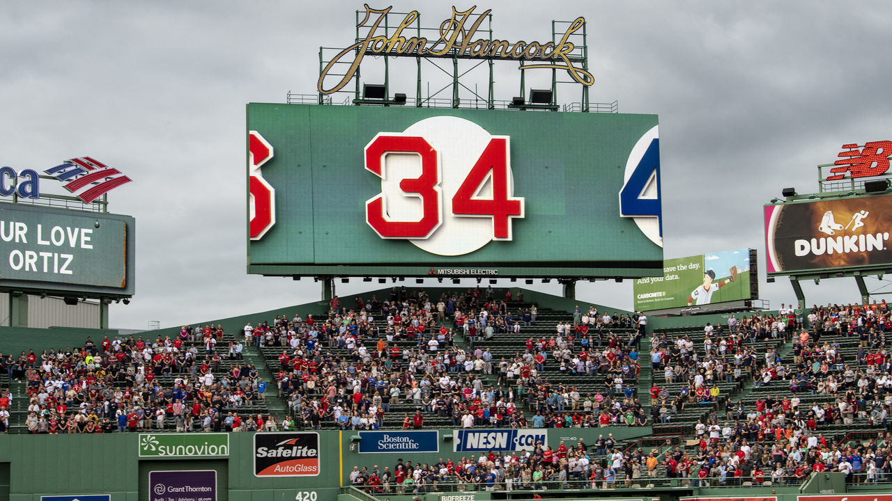 BOSTON, MA - JUNE 10: A moment of reflection is held as a message is displayed on the scoreboard for former designated hitter David Ortiz of the Boston Red Sox before a game against the Texas Rangers on June 10, 2019 at Fenway Park in Boston, Massachusetts. Ortiz was injured after being shot in the Dominican Republic.