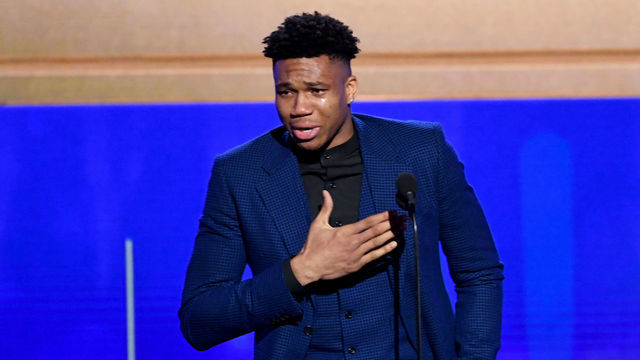 SANTA MONICA, CALIFORNIA - JUNE 24: Giannis Antetokounmpo accepts the Kia NBA Most Valuable Player award onstage during the 2019 NBA Awards presented by Kia on TNT at Barker Hangar on June 24, 2019 in Santa Monica, California.