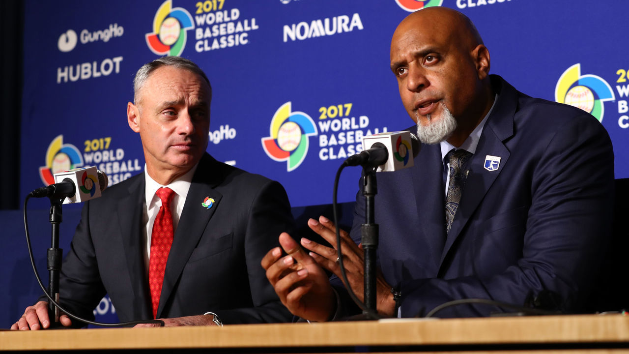 LOS ANGELES, CA - MARCH 22: Major League Baseball Commissioner Robert D. Manfred Jr. and Major League Baseball Players Association Executive Director Tony Clark speak during a press conference before Game 3 of the Championship Round of the 2017 World Baseball Classic between Team USA and Team Puerto Rico on Wednesday, March 22, 2017 at Dodger Stadium in Los Angeles, California.