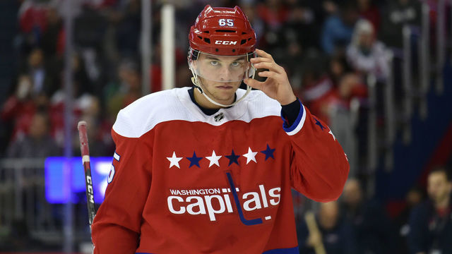 WASHINGTON, DC - MARCH 26: Washington Capitals left wing Andre Burakovsky (65) looks through his visor during the Carolina Hurricanes vs. Washington Capitals NHL game March 26, 2019 at Capital One Arena in Washington, D.C..