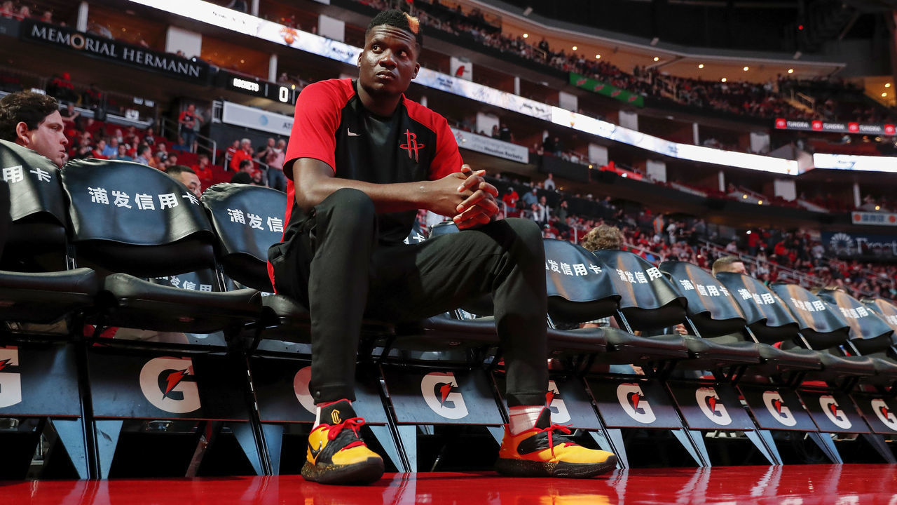 HOUSTON, TX - APRIL 05: Clint Capela #15 of the Houston Rockets sits on the bench prior to the game against the New York Knicks at Toyota Center on April 5, 2019 in Houston, Texas.