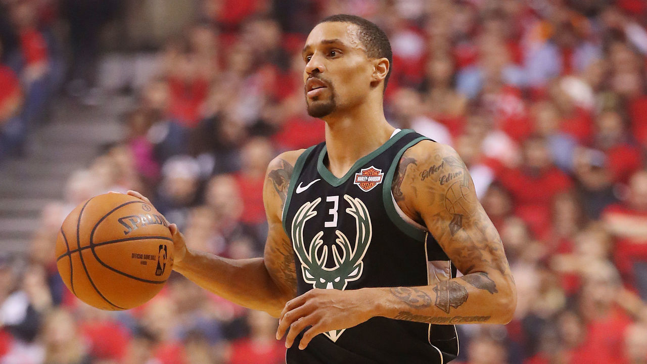 TORONTO, ONTARIO - MAY 25: George Hill #3 of the Milwaukee Bucks dribbles during the first half against the Toronto Raptors in game six of the NBA Eastern Conference Finals at Scotiabank Arena on May 25, 2019 in Toronto, Canada.