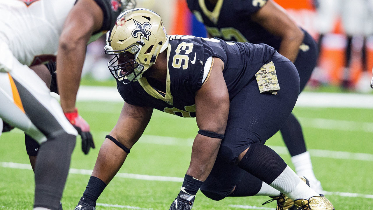 NEW ORLEANS, LA - NOVEMBER 5: New Orleans Saints defensive lineman David Onyemata (93) during a game between the Tampa Bay Buccaneers and New Orleans Saints at the Mercedes Benz Superdome in New Orleans, Louisiana on November 5, 2017.