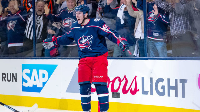 COLUMBUS, OH - APRIL 30: Columbus Blue Jackets center Matt Duchene (95) celebrates after scoring a goal in the Stanley Cup second round playoff game between the Columbus Blue Jackets and the Boston Bruins on April 30, 2019 at Nationwide Arena in Columbus, OH.