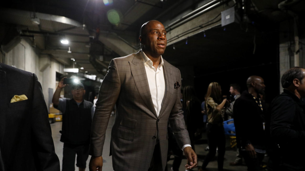 LOS ANGELES, CA - APRIL 9: Earvin Magic Johnson steps down as Lakers president of basketball operations on April 9, 2019 at the Staples Center in Los Angeles, California.