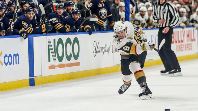 BUFFALO, NY - March 10: Vegas Golden Knights defenseman Colin Miller (6) shoots the puck on goal during an NHL game between the Vegas Golden Knights and Buffalo Sabres on March 10, 2018 at the First Niagara Center in Buffalo, NY. (Jerome Davis/Icon Sportswire via Getty Images)