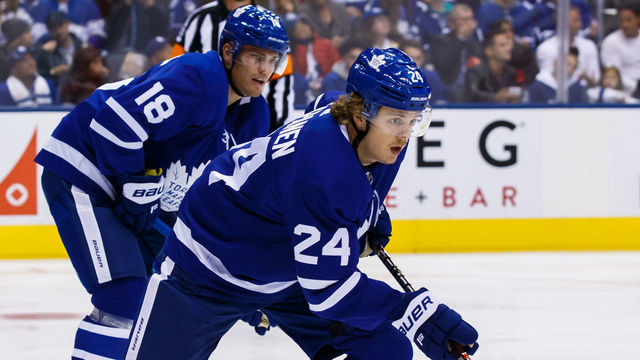 TORONTO, ON - OCTOBER 6: Jake Gardiner #51 of the Toronto Maple Leafs, Andreas Johnsson #18 and Kasperi Kapanen #24 set for a face off against the Ottawa Senators during the first period at the Scotiabank Arena on October 6, 2018 in Toronto, Ontario, Canada.