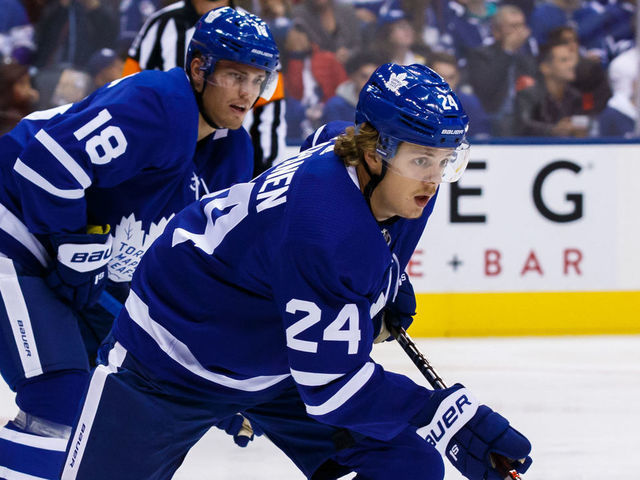 TORONTO, ON - OCTOBER 6: Jake Gardiner #51 of the Toronto Maple Leafs, Andreas Johnsson #18 and Kasperi Kapanen #24 set for a face off against the Ottawa Senators during the first period at the Scotiabank Arena on October 6, 2018 in Toronto, Ontario, Canada.
