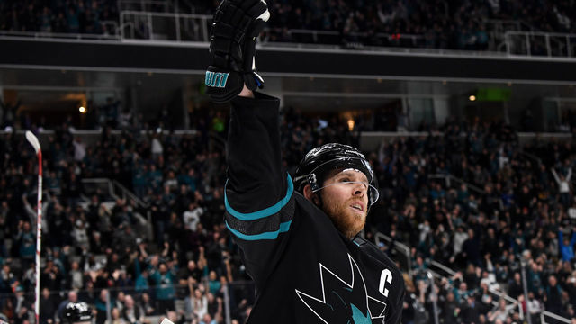 SAN JOSE, CA - MARCH 01: Joe Pavelski #8 of the San Jose Sharks celebrates a goal against the Colorado Avalanche at SAP Center on March 1, 2019 in San Jose, California