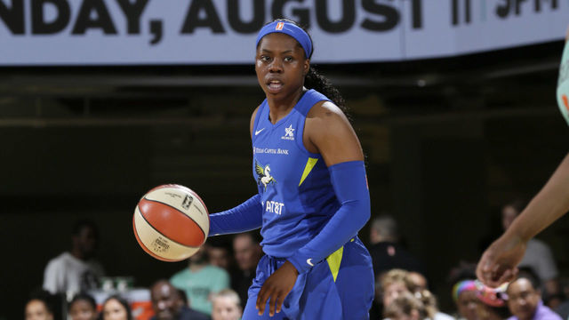 WHITE PLAINS, NY- June 28: Arike Ogunbowale #24 of the Dallas Wings handles the ball against the New York Liberty on June 28, 2019 at the Westchester County Center, in White Plains, New York. Mandatory Copyright Notice: Copyright 2019 NBAE