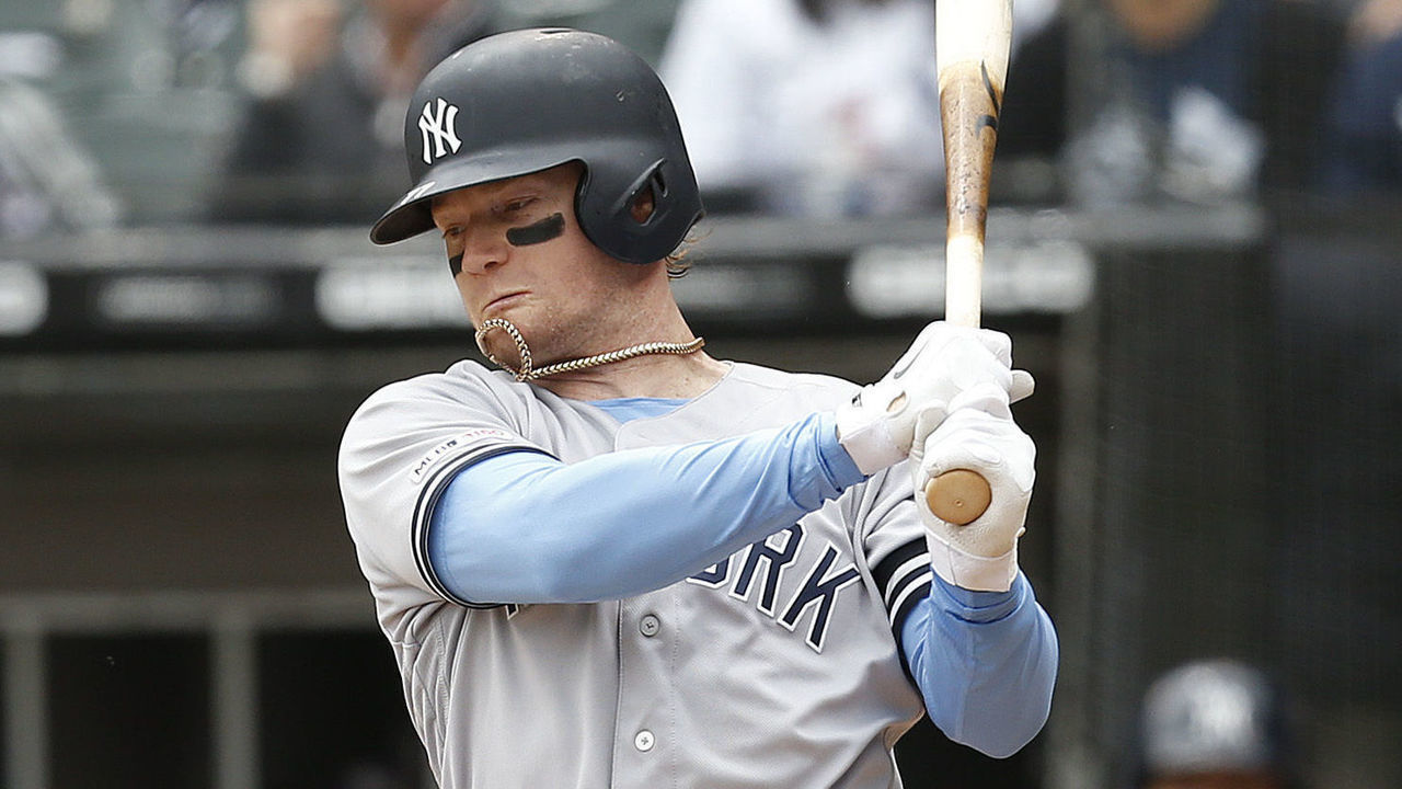 CHICAGO, ILLINOIS - JUNE 16: Clint Frazier #77 of the New York Yankees strikes out during the first inning against the Chicago White Sox at Guaranteed Rate Field on June 16, 2019 in Chicago, Illinois.