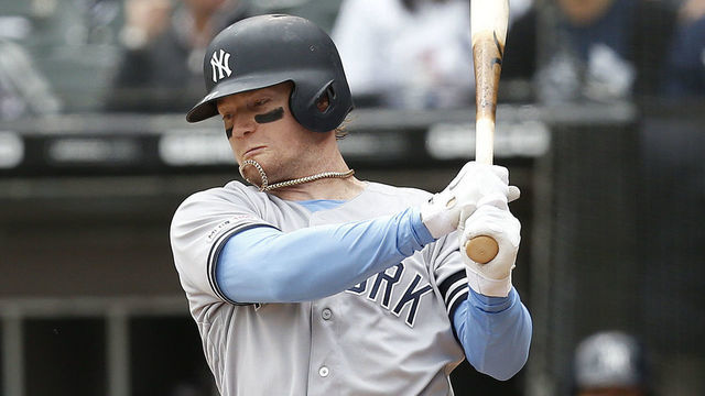 CHICAGO, ILLINOIS - JUNE 16: Clint Frazier #77 of the New York Yankees strikes out during the first inning against the Chicago White Sox at Guaranteed Rate Field on June 16, 2019 in Chicago, Illinois.