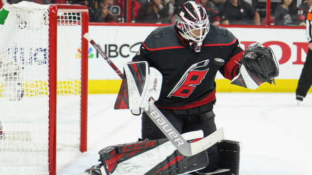 RALEIGH, NC - MAY 14: Carolina Hurricanes goaltender Curtis McElhinney (35) makes a save during a game between the Boston Bruins and the Carolina Hurricanes on May 14, 2019 at the PNC Arena in Raleigh, NC.
