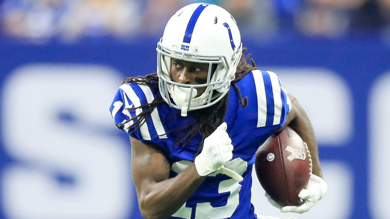 INDIANAPOLIS, IN - NOVEMBER 25: T.Y. Hilton #13 of the Indianapolis Colts runs with the ball against the Miami Dolphins at Lucas Oil Stadium on November 25, 2018 in Indianapolis, Indiana.