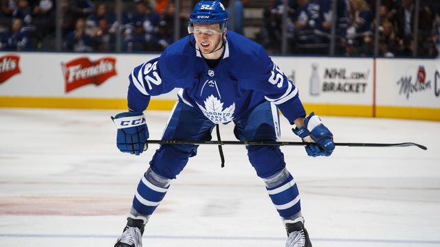 TORONTO, ON - APRIL 2: Martin Marincin #52 of the Toronto Maple Leafs gets ready for a face-off against the Carolina Hurricanes during the third period at the Scotiabank Arena on April 2, 2019 in Toronto, Ontario, Canada.