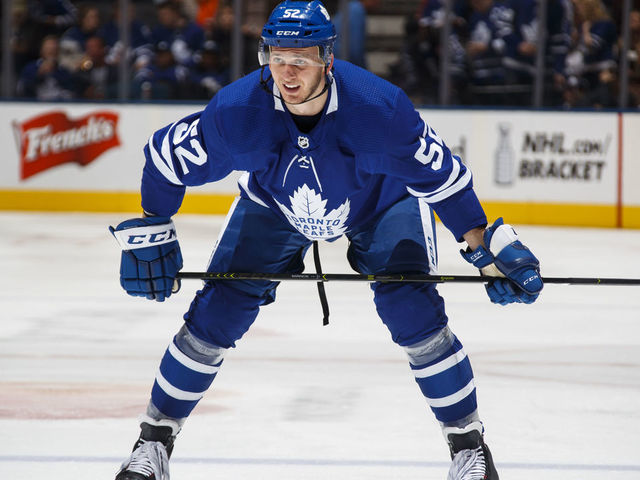 TORONTO, ON - APRIL 2: Martin Marincin #52 of the Toronto Maple Leafs gets ready for a face-off against the Carolina Hurricanes during the third period at the Scotiabank Arena on April 2, 2019 in Toronto, Ontario, Canada.