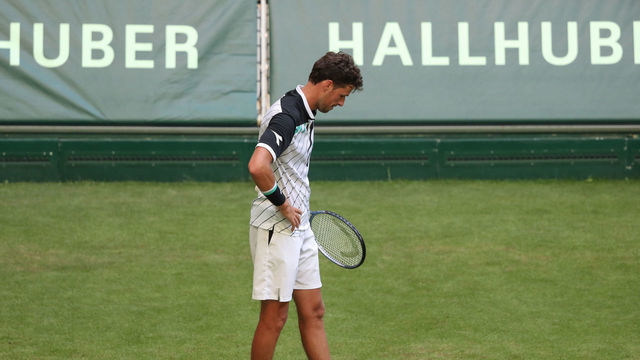 17 June 2019, North Rhine-Westphalia, Halle: Tennis: ATP-Tour singles, men, 1st round, Haase (Netherlands) - Zverev (Germany). Robin Haase looks down disappointed. Photo: Friso Gentsch/dpa