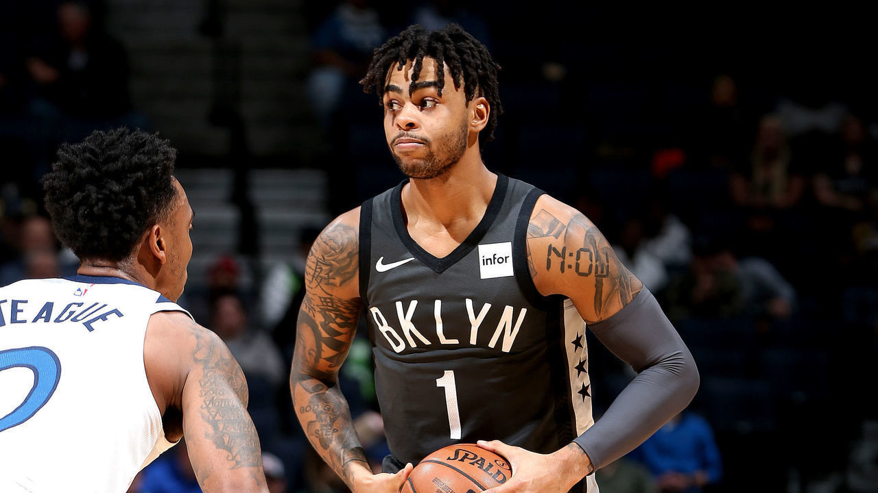 MINNEAPOLIS, MN - NOVEMBER 12: D'Angelo Russell #1 of the Brooklyn Nets handles the ball against the Minnesota Timberwolves on November 12, 2018 at Target Center in Minneapolis, Minnesota. Mandatory Copyright Notice: Copyright 2018 NBAE
