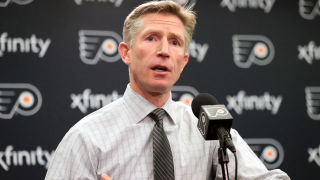 PHILADELPHIA, PA - NOVEMBER 10: Head Coach of the Philadelphia Flyers Dave Hakstol speaks to the media after defeating the Chicago Blackhawks 4-0 on November 10, 2018 at the Wells Fargo Center in Philadelphia, Pennsylvania.