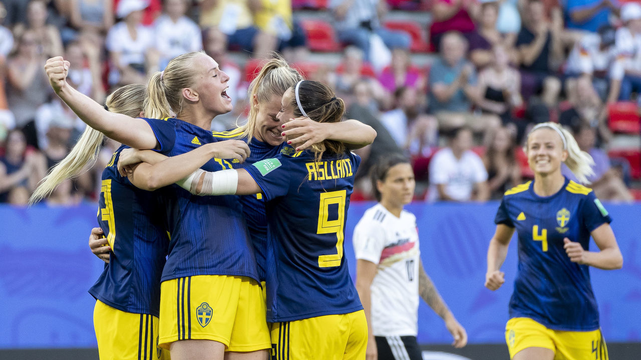 RENNES, FRANCE - JUNE 29: Stina Blackstenius of Sweden celebrates after scoring her team's second goal with team mates during the 2019 FIFA Women's World Cup France Quarter Final match between Germany and Sweden at Roazhon Park on June 29, 2019 in Rennes, France.