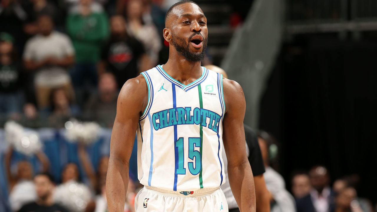 CHARLOTTE, NC - MARCH 23: Kemba Walker #15 of the Charlotte Hornets reacts against the Boston Celtics on March 23, 2019 at Spectrum Center in Charlotte, North Carolina. Mandatory Copyright Notice: Copyright 2019 NBAE