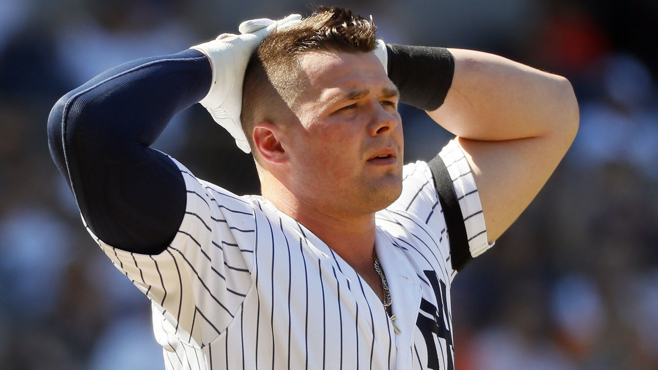 NEW YORK, NY - JUNE 23: Luke Voit #45 of the New York Yankees reacts after he strikes out looking to end the 8th inning of an MLB baseball game against the Houston Astros on June 23, 2019 at Yankee Stadium in the Bronx borough of New York City. Astros won 9-4.